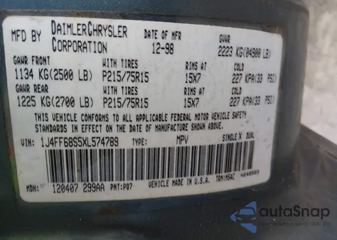 1999 Jeep Cherokee Classic/Sport из США, поврежденный, VIN 1J4FF68S5XL574789